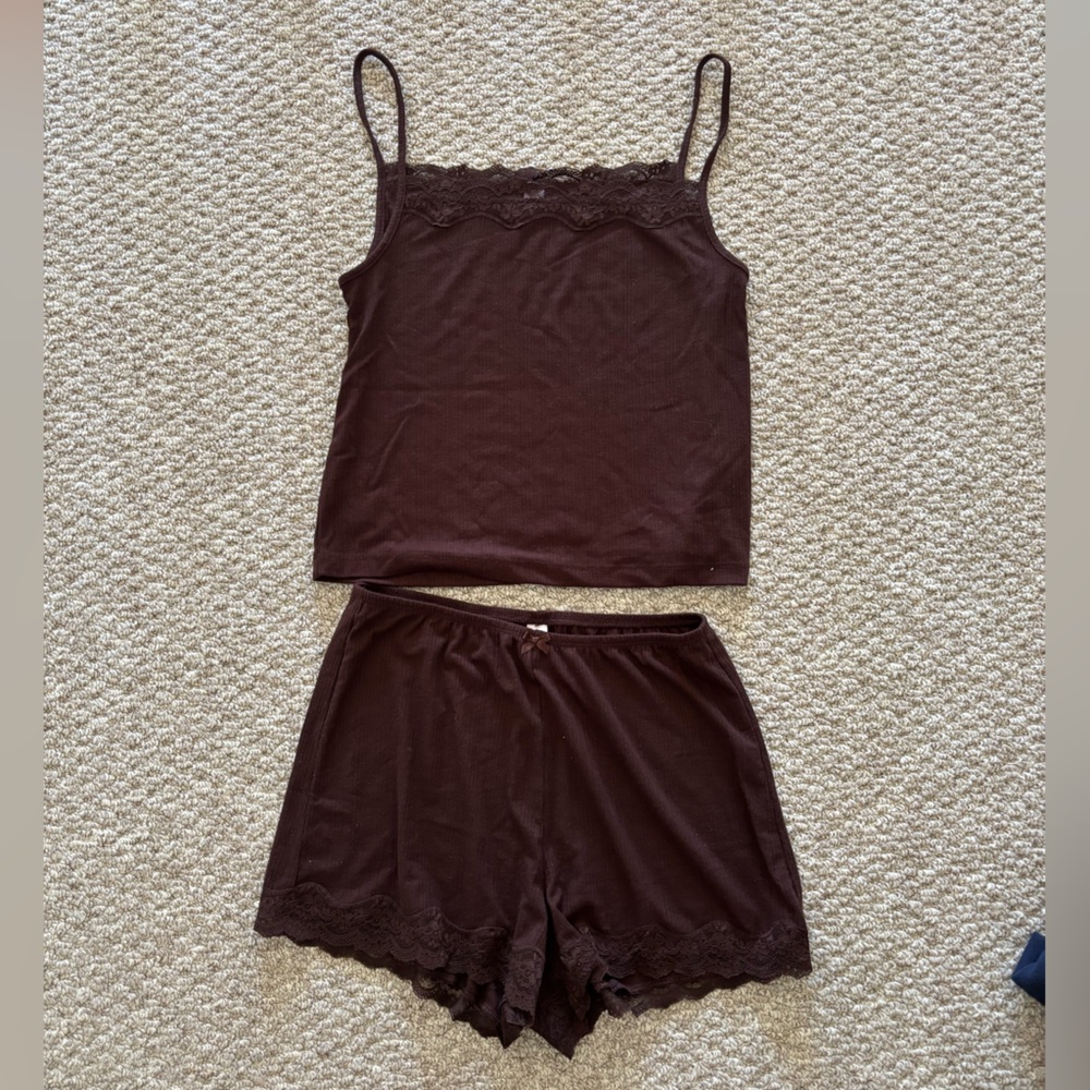 Lace Trim Cami and Shorts Set - Chocolate Brown